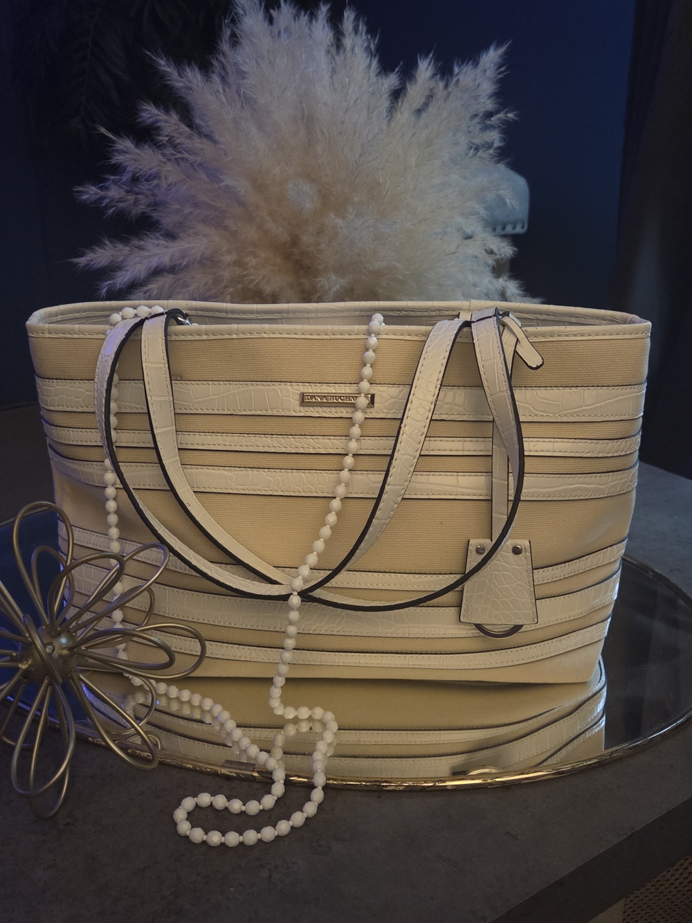 Dana Buchman Tote + Vintage White Bead Necklace | Neutral Chic Coastal Set Cream